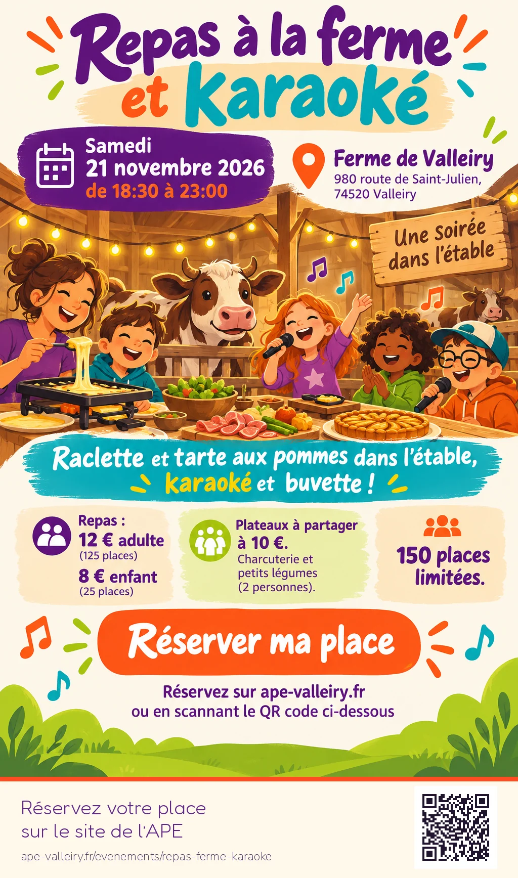 Affiche de « Repas à la ferme et karaoké », le 2026-11-21 à 18:30, à Ferme de Valleiry, 980 route de Saint-Julien, 74520 Valleiry. QR pour réserver sur le site de l’APE.